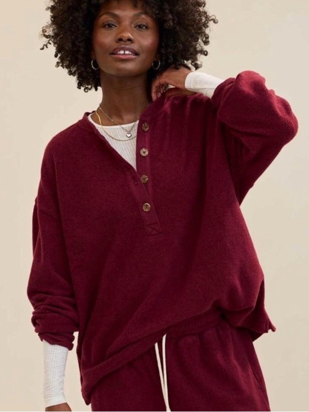 Aerie Sherpa Henley Sweatshirt Womens XXL Oversized Fleece Red Deep Cherry